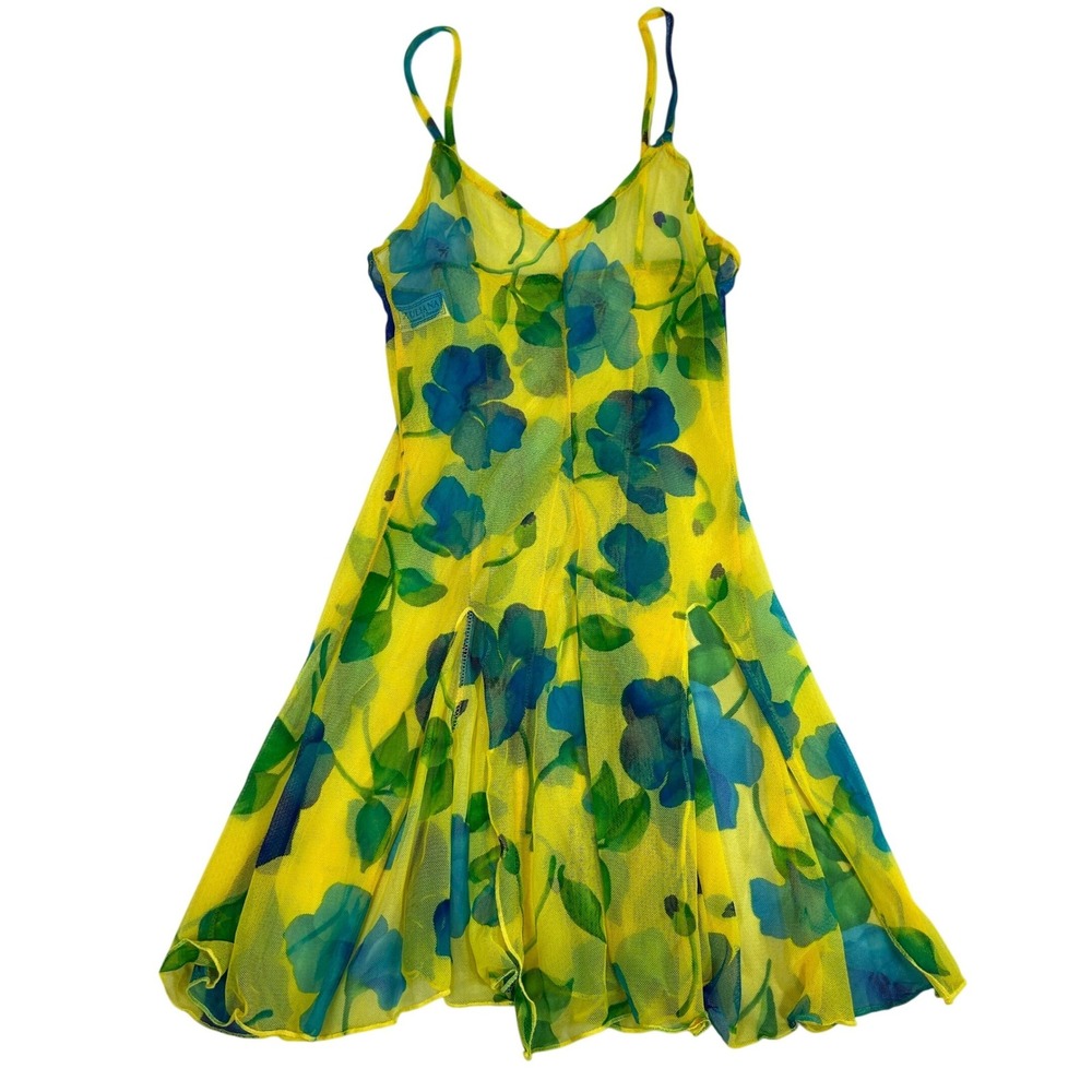 Zuliana VTG Y2K Sheer Mesh Floral Slip Dress Swim Cover Up Yellow Blue Small USA